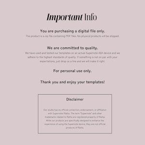 May include: A digital file information sheet with the title "Important Info" in a bold, elegant font. The text explains the product is a digital file, committed to quality, and for personal use only. A disclaimer is also included.