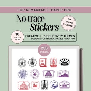 May include: A digital tablet shows 253 no-trace stickers with creative and productivity themes. The stickers feature landmarks and designs from around the world, including the Eiffel Tower and Big Ben. The text reads "No-trace Stickers" and "No tracing required".
