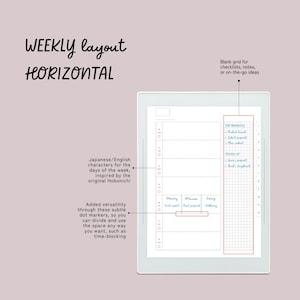 May include: A digital planner with a weekly horizontal layout. The planner includes Japanese/English characters for the days of the week, a blank grid for notes, and dot markers for time-blocking. Text on the image reads "WEEKLY layout HORIZONTAL".