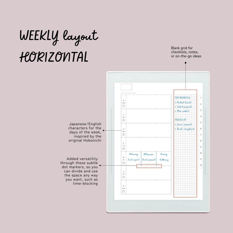 May include: A digital planner with a weekly horizontal layout. The planner includes Japanese/English characters for the days of the week, a blank grid for notes, and dot markers for time-blocking. Text on the image reads "WEEKLY layout HORIZONTAL".