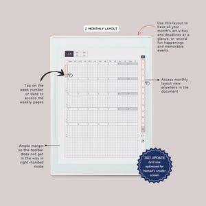 May include: A digital tablet displaying a monthly calendar layout with a grid structure, week numbers, and a sidebar. The screen features text labels including 2. MONTHLY LAYOUT, 2027 UPDATE, and instructions for navigation, alongside icons for weekly access.
