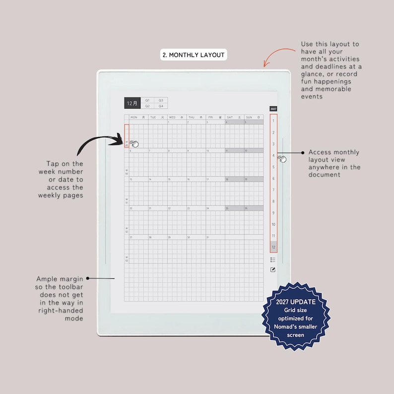 May include: A digital tablet displaying a monthly calendar layout with a grid structure, week numbers, and a sidebar. The screen features text labels including 2. MONTHLY LAYOUT, 2027 UPDATE, and instructions for navigation, alongside icons for weekly access.
