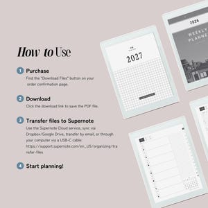 May include: A digital instruction guide titled How to Use with four steps: Purchase, Download, Transfer files to Supernote, and Start planning. Three white digital tablets display planner pages for 2026 and 2027 with grid and weekly layouts.