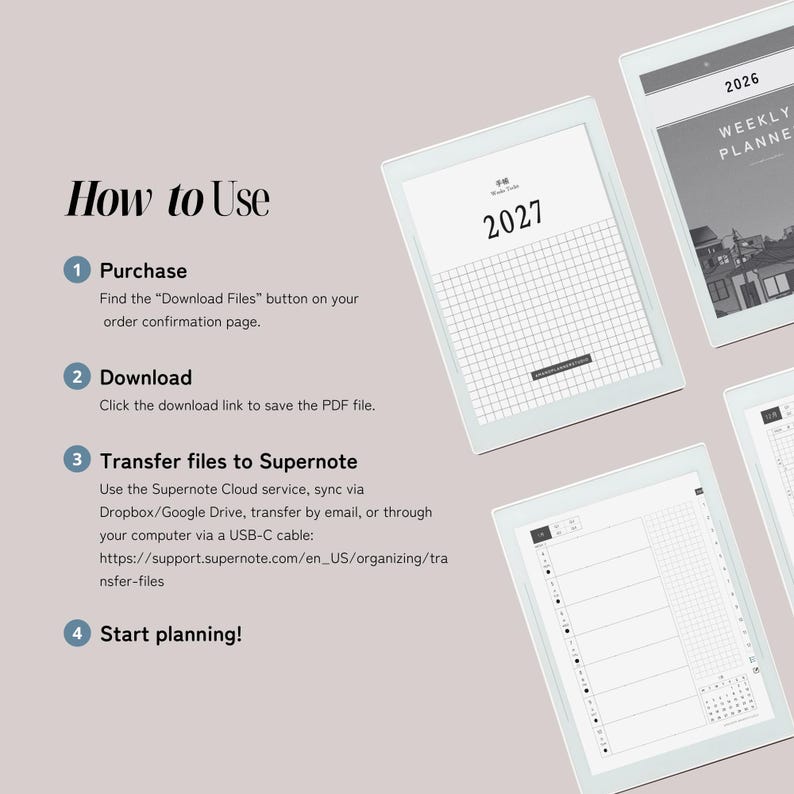 May include: A digital instruction guide titled How to Use with four steps: Purchase, Download, Transfer files to Supernote, and Start planning. Three white digital tablets display planner pages for 2026 and 2027 with grid and weekly layouts.