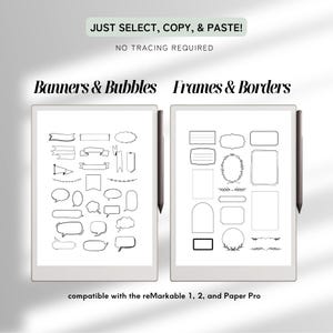 Pu&ograve; includere: Due tablet digitali mostrano disegni di banner, bolle, cornici e bordi in bianco e nero. Il testo "JUST SELECT, COPY, & PASTE!" e "NO TRACING REQUIRED" sono in alto. Sono visibili anche i testi "Banners & Bubbles" e "Frames & Borders".