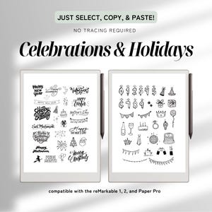 Pu&ograve; includere: Due tablet digitali che mostrano grafica e testo in bianco e nero a tema festivo, tra cui "Happy New Year", "Happy Birthday" e "Merry Christmas". Il testo "Celebrations & Holidays" &egrave; sopra i tablet. Compatibile con reMarkable 1, 2 e Paper Pro.