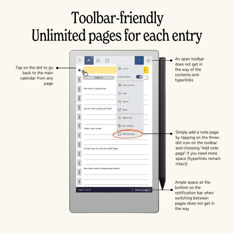May include: A digital tablet displaying a note-taking app interface. The screen shows a calendar layout with options for adding pages and accessing settings. A stylus rests on the side. Text reads: Toolbar-friendly, Unlimited pages for each entry.