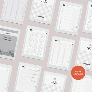 May include: A collection of digital planner templates displayed on white tablet screens, featuring various layouts including 2026 and 2027 calendars, weekly schedules, and grid pages. A circular orange badge with the text INSTANT DOWNLOAD is visible.