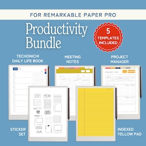 May include: A productivity bundle for Remarkable Paper Pro, featuring templates for daily life, meeting notes, and project management. Includes a sticker set and an indexed yellow pad. The text reads "5 Templates Included".
