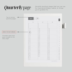 May include: A digital planner interface displaying a quarterly page for 2027. The layout features three columns for months, numbered dates, and days of the week. Text labels include Quarterly page, Tap to access quarterly pages, and NEW IN THE 2027 VERSION.