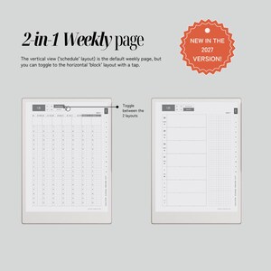 May include: A digital planner interface showing a 2-in-1 weekly page with two layout options. The text reads 2-in-1 Weekly page, New in the 2027 version, and Toggle between the 2 layouts. One view shows a vertical schedule, the other a horizontal block.