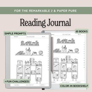 May include: A digital reading journal for the Remarkable 2 and Paper Pro featuring a black and white line art illustration of a bookshelf, a desk, and 60 books to color in. The interface includes simple prompts, fun challenges, and a TBR list.