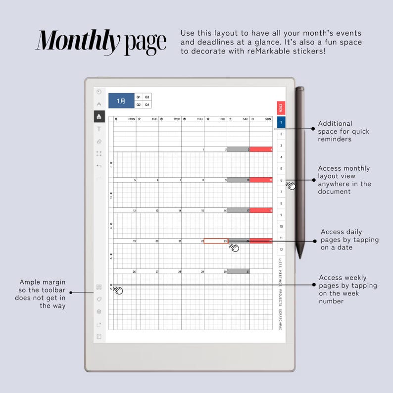 Daily Planner & Life Book for reMarkable Paper Pro, Techonichi Japanese style, quarterly monthly weekly, list tracker, meeting project notes image 5