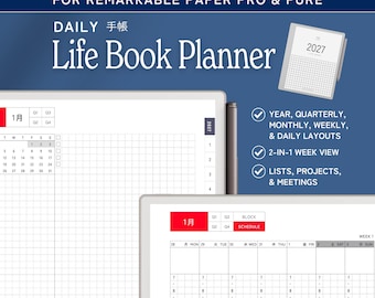 Daily Planner & Life Book for reMarkable Paper Pro and Pure, quarterly monthly weekly, list tracker, meeting project notes,  Japanese style