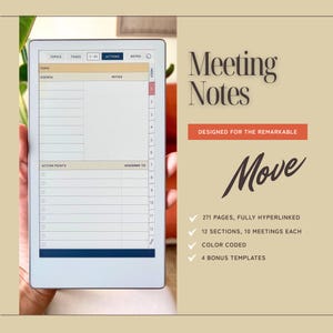 May include: A digital meeting notes template displayed on a tablet. The screen shows sections for topics, tasks, and action points. The background is a beige colour with the words "Meeting Notes" and "Move" in a stylish font.