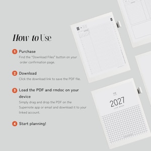 May include: A digital planner instruction graphic titled How to Use with four numbered steps for purchasing, downloading, and loading PDF files onto a device. The image displays two digital planner pages with grid layouts and the text 2027 LIFE BOOK.
