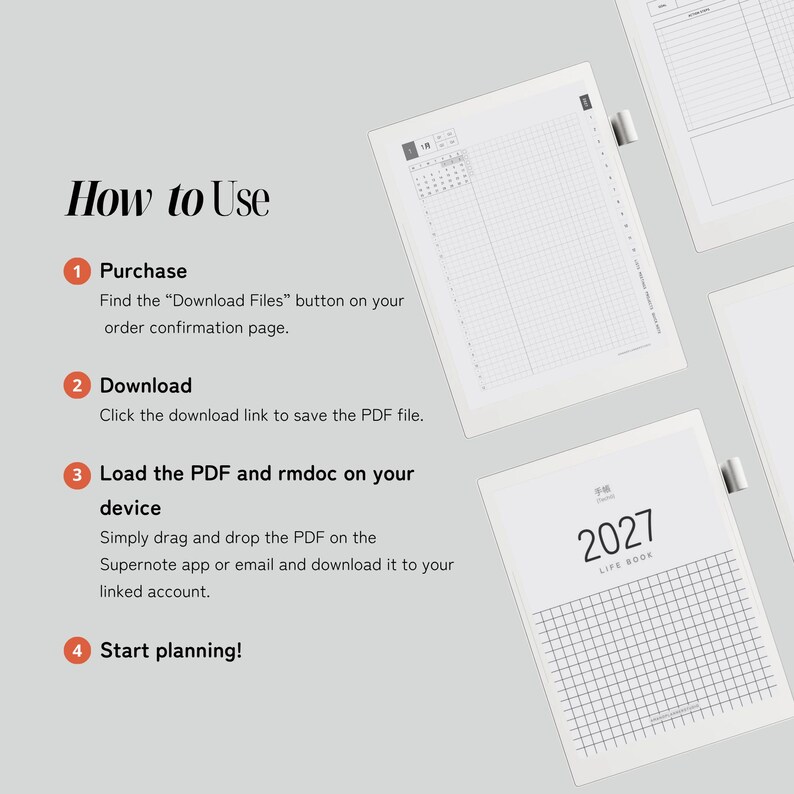 May include: A digital planner instruction graphic titled How to Use with four numbered steps for purchasing, downloading, and loading PDF files onto a device. The image displays two digital planner pages with grid layouts and the text 2027 LIFE BOOK.