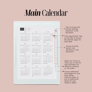 以下が含まれることがあります： 2026年のカレンダーを月間と週間の表示で表示するデジタルプランナーインターフェース。画面には、年間カレンダー、週間プランナーページ、月間レイアウトにアクセスするためのオプションが表示されます。リストやメモページ用のスペースも含まれています。