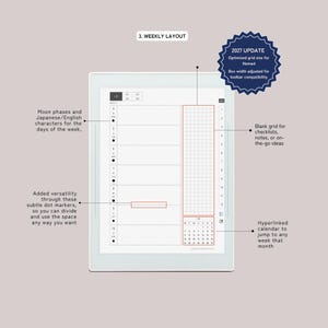 May include: A digital weekly planner layout featuring a vertical grid for checklists, moon phase icons, Japanese and English day markers, and a hyperlinked monthly calendar. The interface includes a 2027 update note and dot markers for space division.