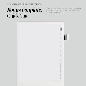 May include: A digital planner page featuring a blank Quick Note template with a side navigation bar containing numbered tabs from 1 to 12, plus sections for Lists, Meetings, Projects, and Quick Note. Text reads: NEW FEATURES ON THE 2026 VERSION.