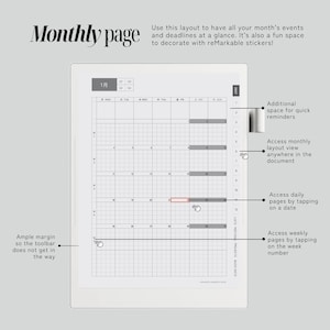 May include: A digital monthly planner interface on a tablet screen featuring a grid calendar for January. The layout includes a sidebar for quick reminders, week numbers for navigation, and interactive elements for accessing daily and weekly pages.