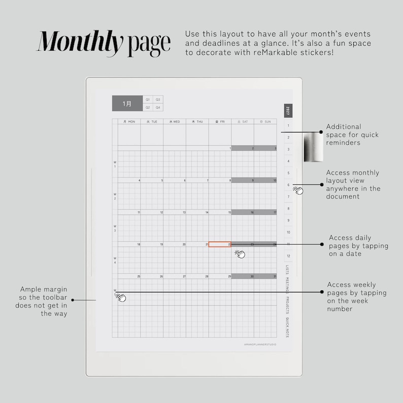 May include: A digital monthly planner interface on a tablet screen featuring a grid calendar for January. The layout includes a sidebar for quick reminders, week numbers for navigation, and interactive elements for accessing daily and weekly pages.