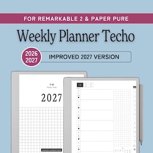 Könnte beinhalten: Ein digitaler Wochenplaner für Remarkable 2 und Paper Pure Tablets. Das Display zeigt einen 2027 Weekly Planner Techo mit Rasterlayout, Wochenplan und Eingabestift. Der Text umfasst FOR REMARKABLE 2 & PAPER PURE, Weekly Planner Techo und IMPROVED 2027 VERSION.