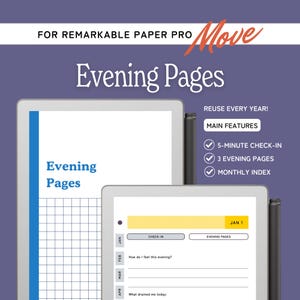 May include: Digital planner titled "Evening Pages" for Remarkable Paper Pro. The image shows two tablets with the planner open, displaying a grid layout and a daily check-in section. Features include a 5-minute check-in, 3 evening pages, and a monthly index.