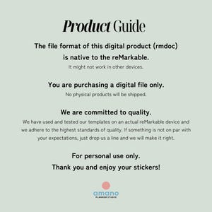 Pu&ograve; includere: Una guida al prodotto digitale verde chiaro con il titolo "Product Guide" in un carattere elegante e in grassetto. La guida fornisce informazioni sul formato del file digitale, i dettagli dell'acquisto e la garanzia di qualit&agrave;. Il logo amano PLANNER STUDIO &egrave; in basso.