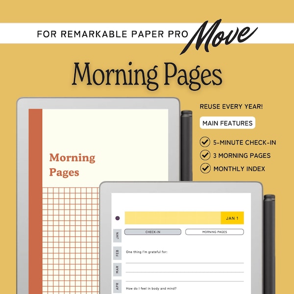 Morning Pages & tägliches Journal für reMarkable Paper Pro Move, Reflektion, Dankbarkeit, Achtsamkeit, Braindump, wiederverwendbare Jahresvorlage