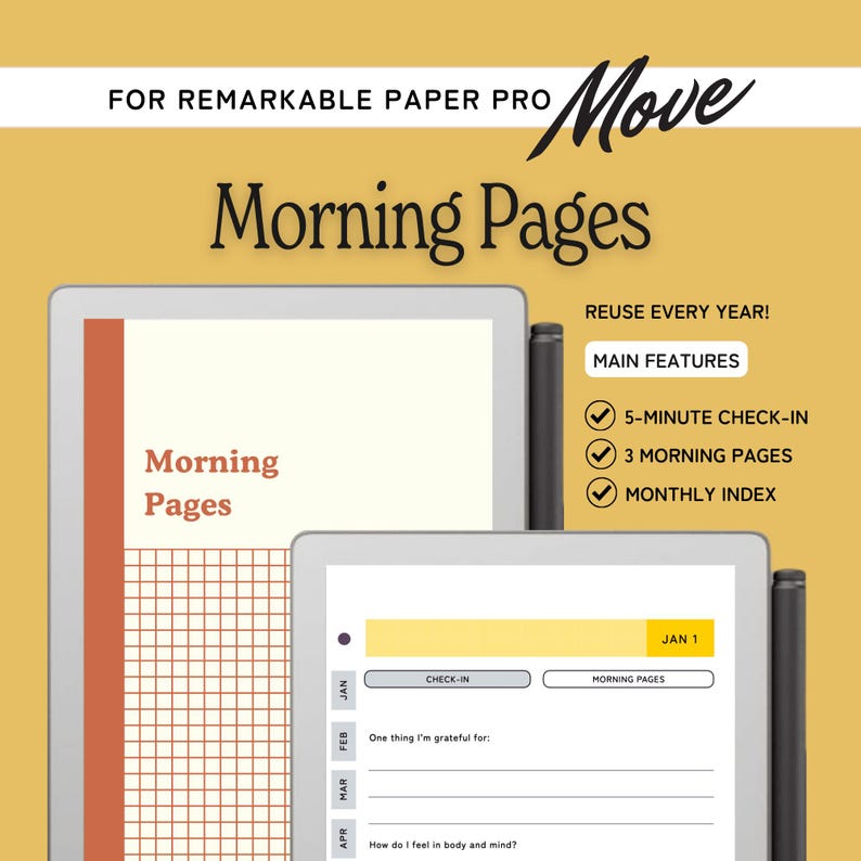 Morning pages journal template for the reMarkable Paper Pro Move. It includes a gratitude page with 5 prompts, and three lined pages for morning pages brain dump style