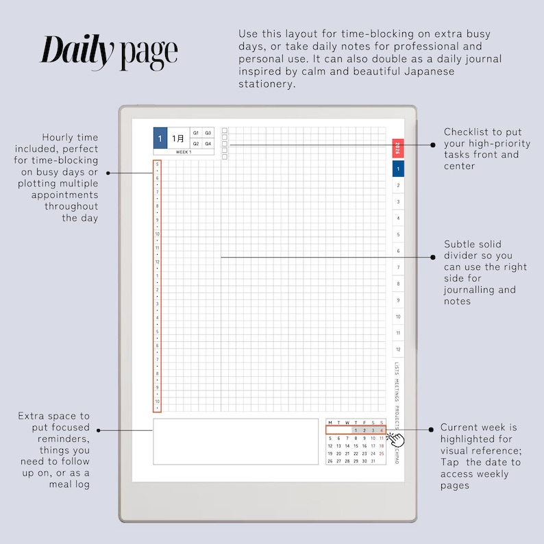 Daily Planner & Life Book for reMarkable Paper Pro, Techonichi Japanese style, quarterly monthly weekly, list tracker, meeting project notes image 10