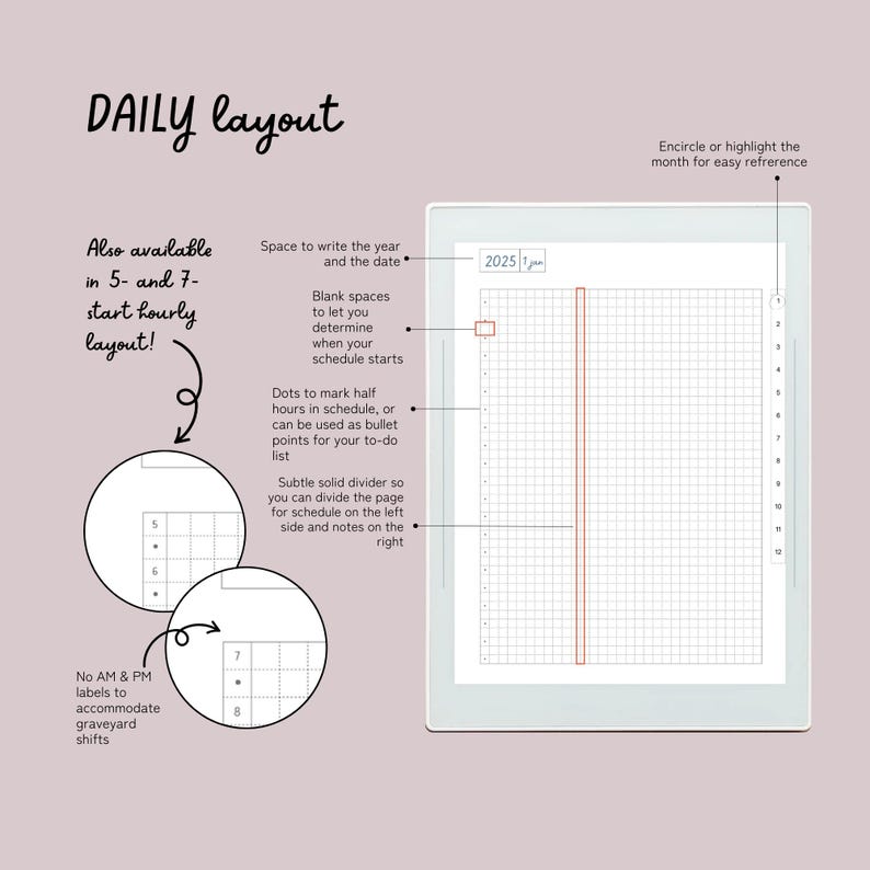 May include: A digital planner with a daily layout, featuring a grid for scheduling and note-taking. The design includes spaces for the year and date, with options for 5- and 7-hour start times. It has dots for half-hour increments and a divider.