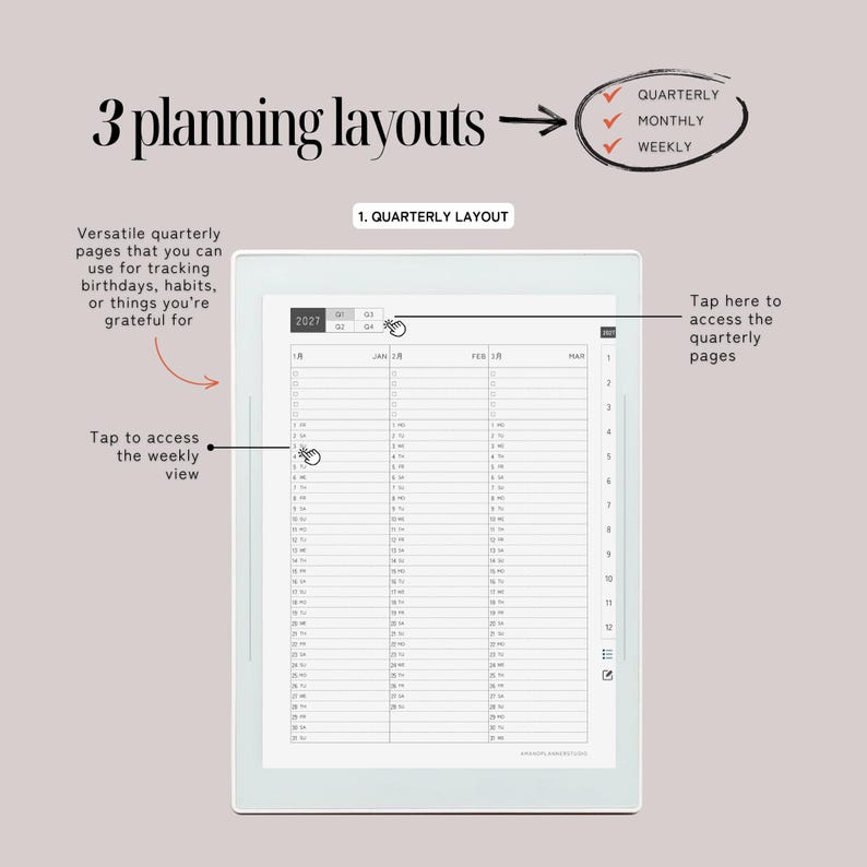 Weekly Planner Techo for Supernote Nomad & A6X, 2027 2026, Japanese planner, quarterly monthly weekly, with lists, notes index, moon phases image 3