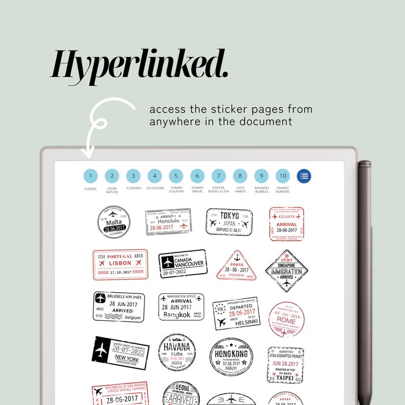 Pu&ograve; includere: Un tablet digitale mostra disegni di adesivi a tema viaggio, inclusi timbri di citt&agrave; come Tokyo, Lisbona e L'Avana. La parola "Hyperlinked" &egrave; in alto, con istruzioni per accedere alle pagine degli adesivi.
