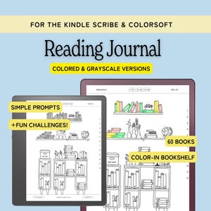 May include: A digital reading journal for Kindle Scribe and Colorsoft featuring colored and grayscale versions. The interface displays a bookshelf layout with 60 books, simple prompts, fun challenges, and a color-in bookshelf design for tracking.