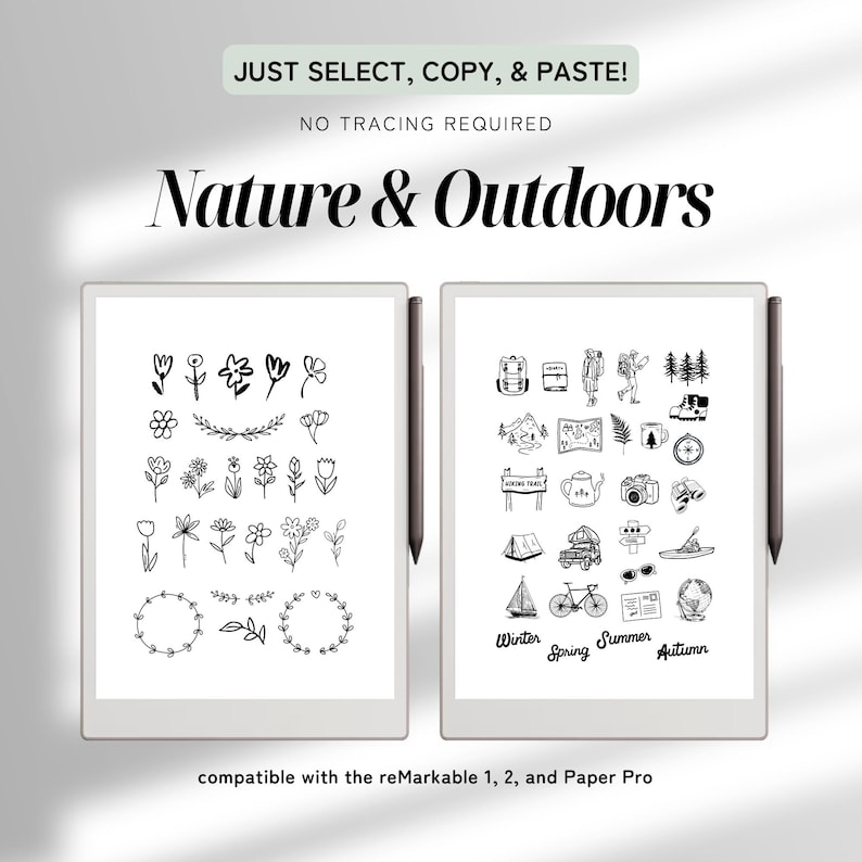 Pu&ograve; includere: Due tablet digitali che mostrano illustrazioni in bianco e nero a tema natura. Uno presenta disegni floreali, l'altro elementi esterni. Il testo recita "Nature & Outdoors", "Just Select, Copy, & Paste!" e "compatible with the reMarkable 1, 2, and Paper Pro."