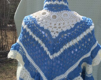 Hand crocheted Victorian Style Shawl in Blue and white with lace insert