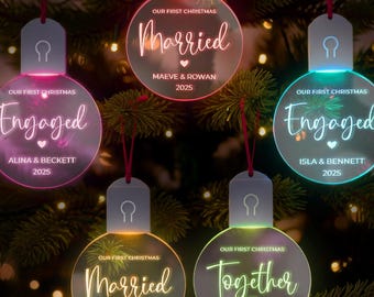 Our First Christmas LED Ornament, First Christmas Married Ornament w/ Multiple Light Colors, Personalized Mr and Mrs Christmas Ornament