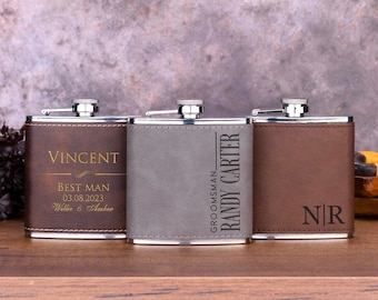 Personalized Flask for Men Groomsmen Gifts Rustic Brown Leather Flask, Best Man Flask, Initials Groomsman Flask, Wedding Gift Bachelor Party