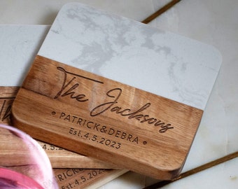 Personalized Coaster, Wedding Gift for Couples, Engagement Gift, Personalized Marble Wood Coaster Set, New Home Gifts, Housewarming Gifts