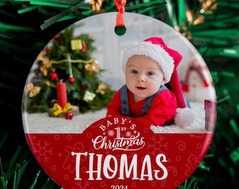 Babys First Christmas Ornament 2024, My First Christmas Ornament - Upload Photo - Custom w/ Name, Christmas Photo Baby Ornament for Newborns