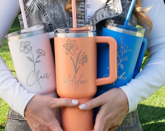 Personalized Birth Flower 40oz Tumbler With Name, Birthday Gifts for Her, Birth Month Flower Tumbler, Custom Stainless Steel Tumblers