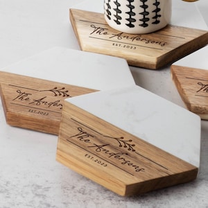 Personalized Coaster, Wedding Gift for Couples, Engagement Gift, Personalized Marble Wood Coaster Set, New Home Gifts, Housewarming Gifts