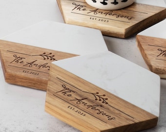 Personalized Coaster, Wedding Gift for Couples, Engagement Gift, Personalized Marble Wood Coaster Set, New Home Gifts, Housewarming Gifts