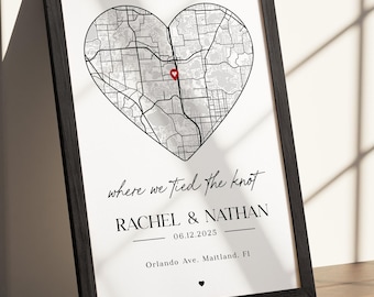 Personalized Map Couple's Sign - Custom Heart Map Print with Names - Personalised Wedding Print & Frame Gift, Anniversary Engagement