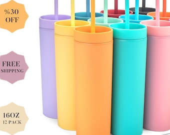 Skinny Tumbler with Straw (12 Pack) 16 Oz. - Wedding Bridesmaid Gifts, Party Favors, Wholesale Tumbler Perfect for DIY Custom Tumblers
