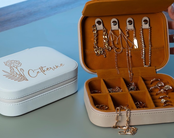 Featured listing image: Christmas Gift for Her, Travel Jewelry Box, Wedding Bridesmaid Gifts, Personalized Gifts for Her, Engraved Jewelry Case, Birthday Gift