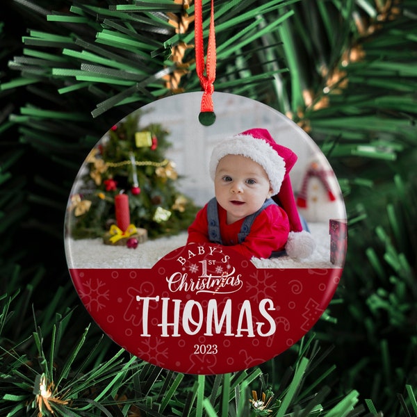 Babys First Christmas Ornament 2023, My First Christmas Ornament - Upload Photo - Custom w/ Name, Christmas Photo Baby Ornament for Newborns