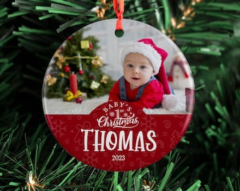 Babys First Christmas Ornament 2023, My First Christmas Ornament - Upload Photo - Custom w/ Name, Christmas Photo Baby Ornament for Newborns